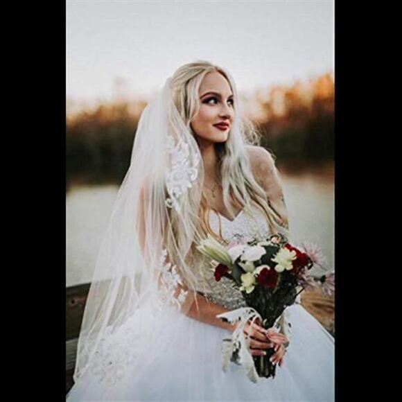 Lace Veil Short Waist Veils 2 Tier Soft Tulle Veils Bridal Veils with Comb(Ivory - Picture 7 of 7